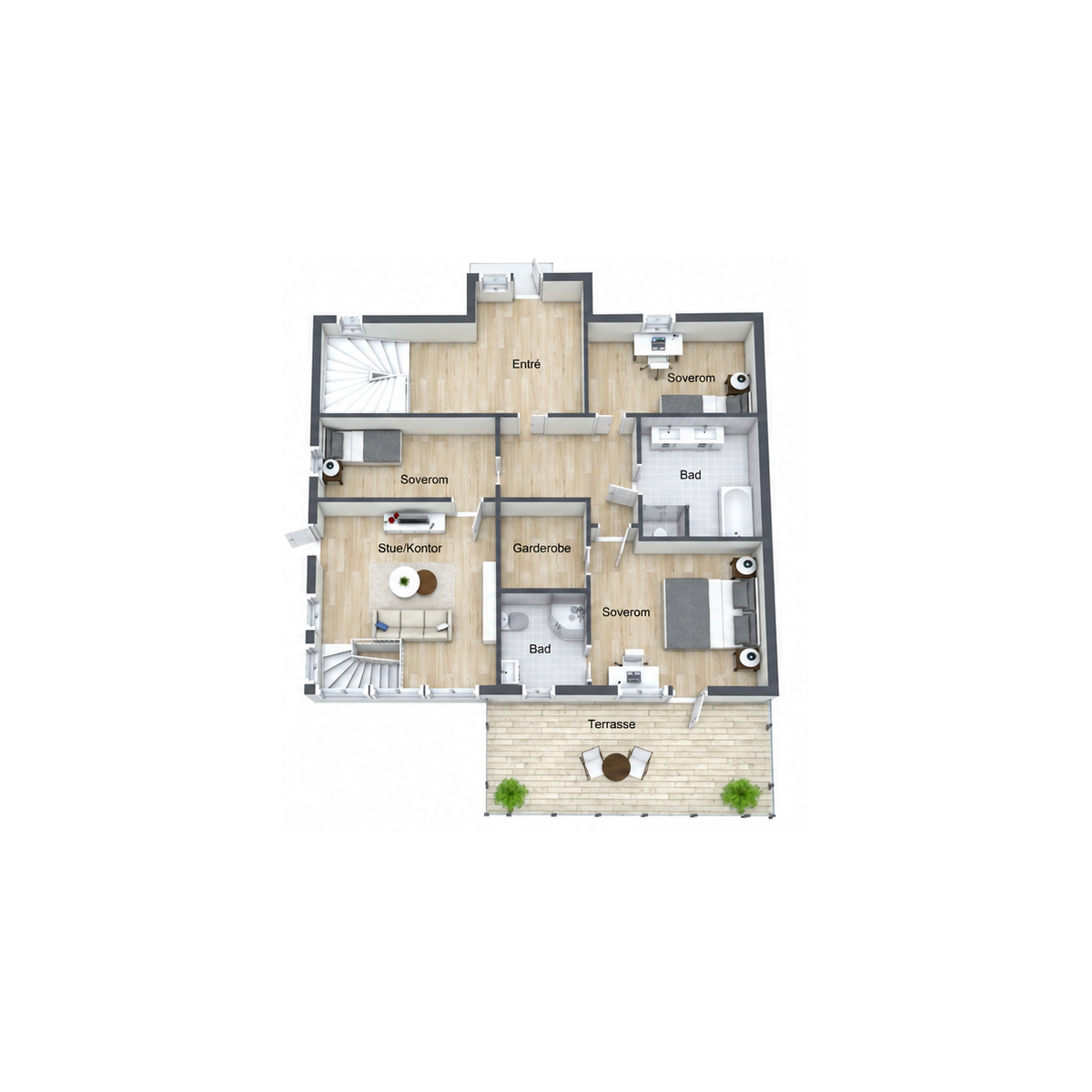 Furnished 3D floor plan of the same home with hallway, bedrooms, bathroom and terrace