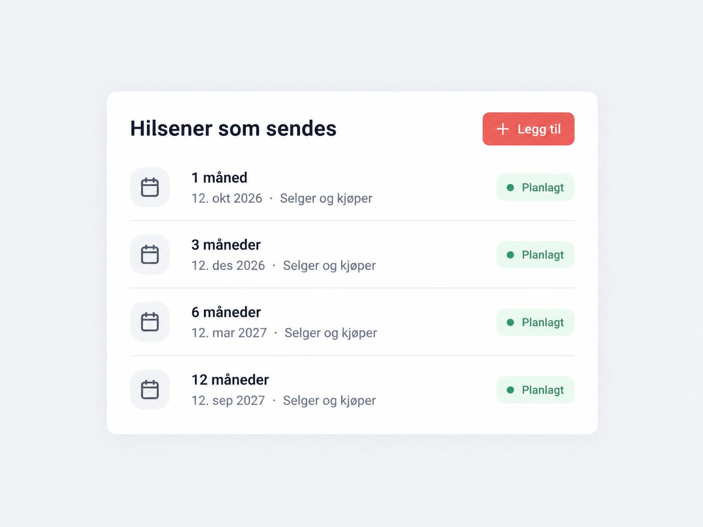 Steg 3: Oversikt over planlagte hilsener etter 1, 3, 6 og 12 måneder