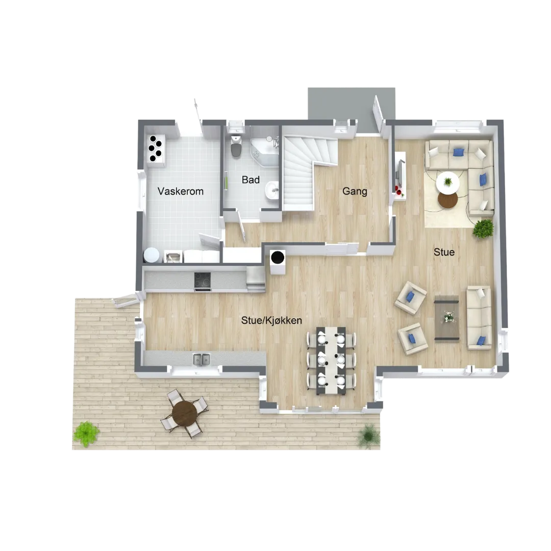 3D-plantegning av bolig med stue, kjøkken, bad og terrasse