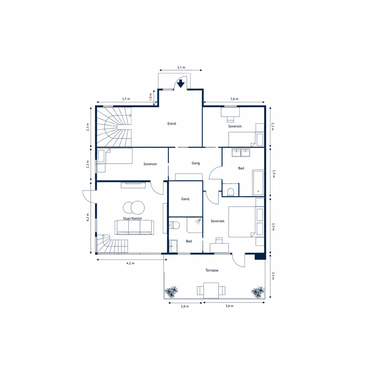 Standard 2D floor plan of a home with hallway, bedrooms, bathroom and terrace