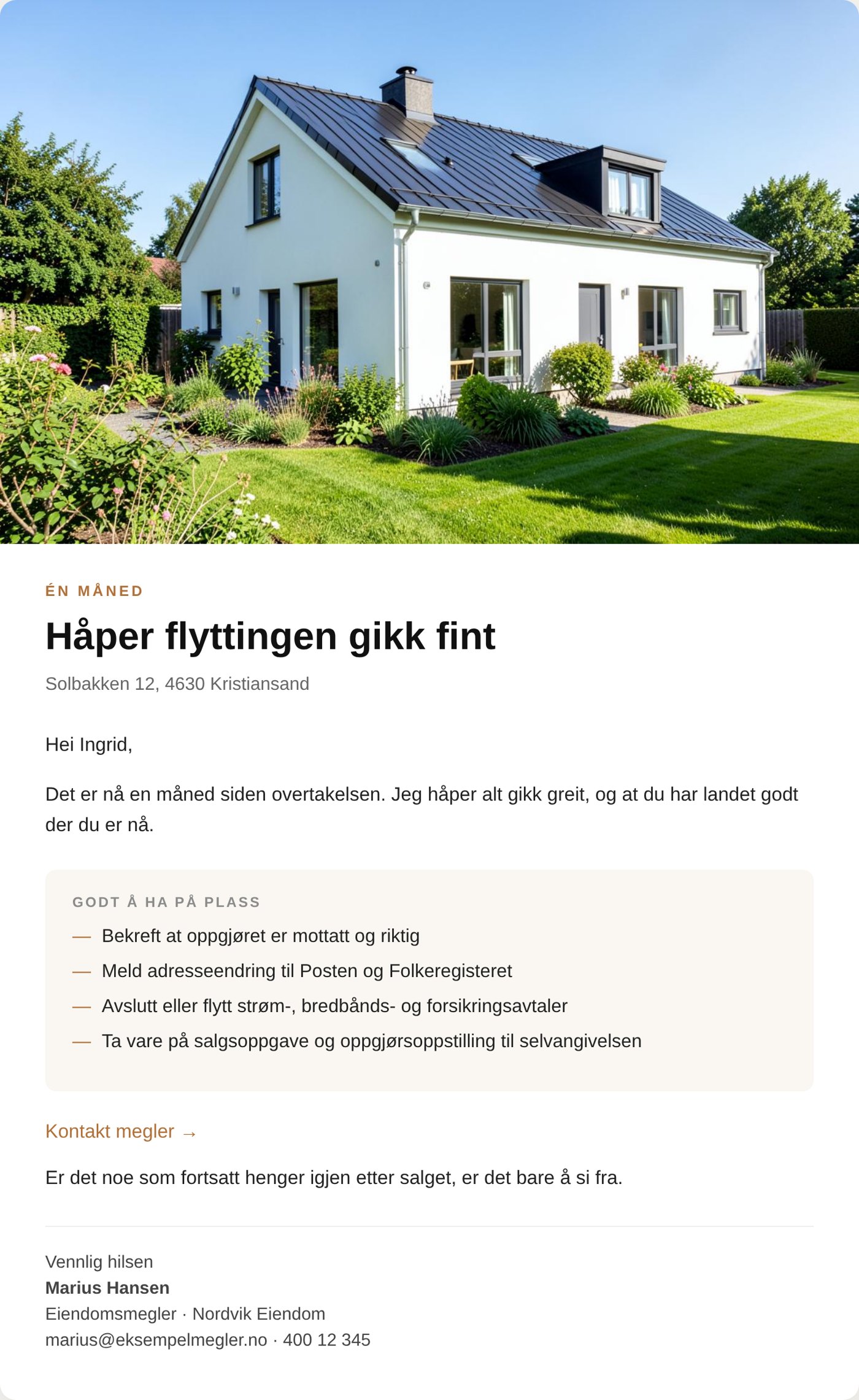 Eksempel på 1-månedshilsenen som sendes til selger etter overtakelse