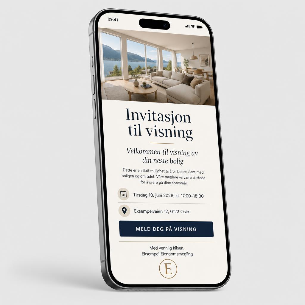 Mobile phone showing a fictional showing invitation from a sample real estate agency