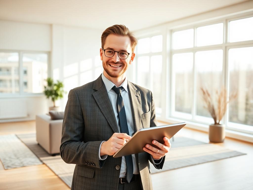 Real estate agent with a tablet in a bright empty room ready for digital staging