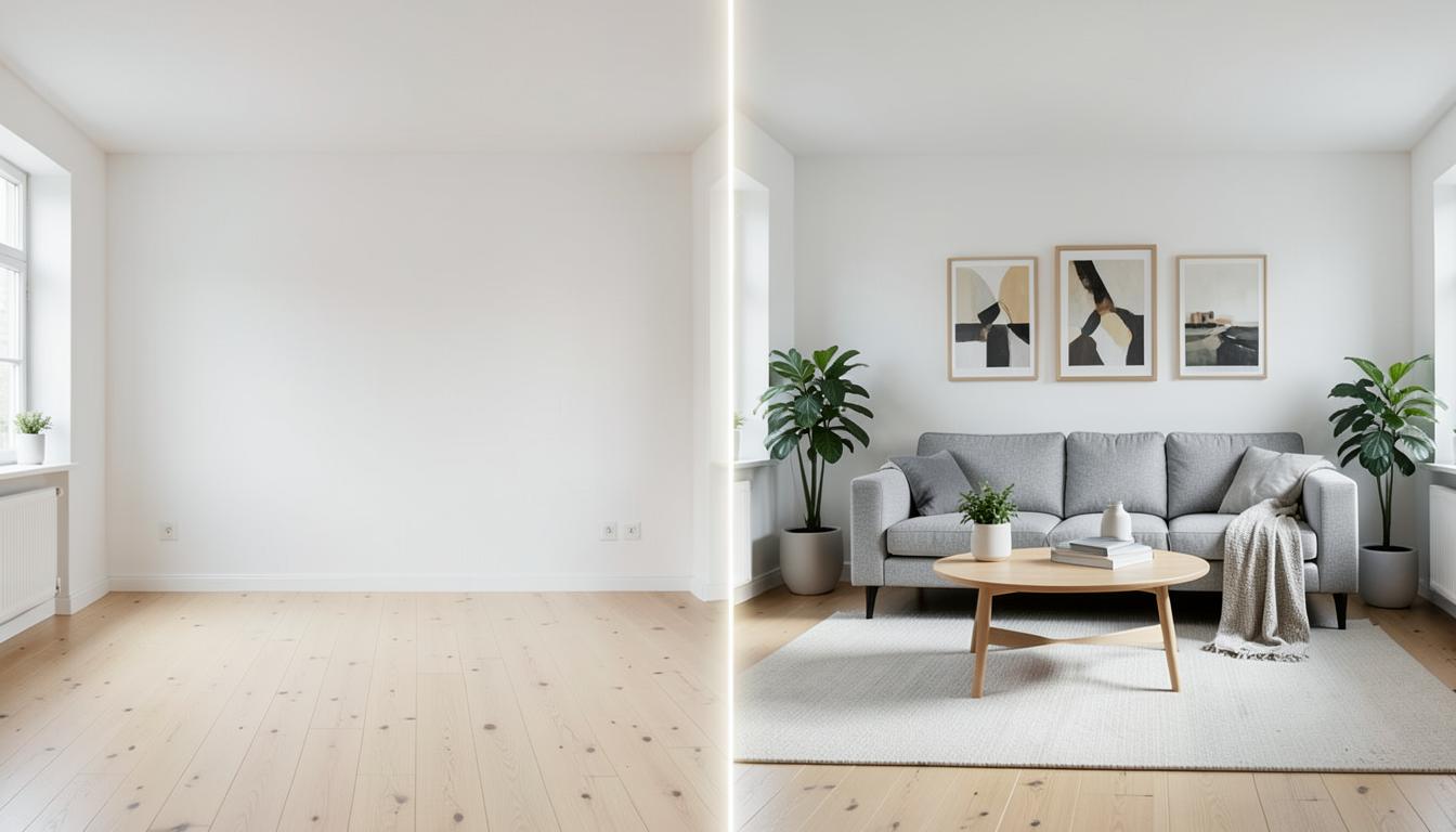 Empty living room on the left and the same room digitally furnished with sofa, table and plants on the right