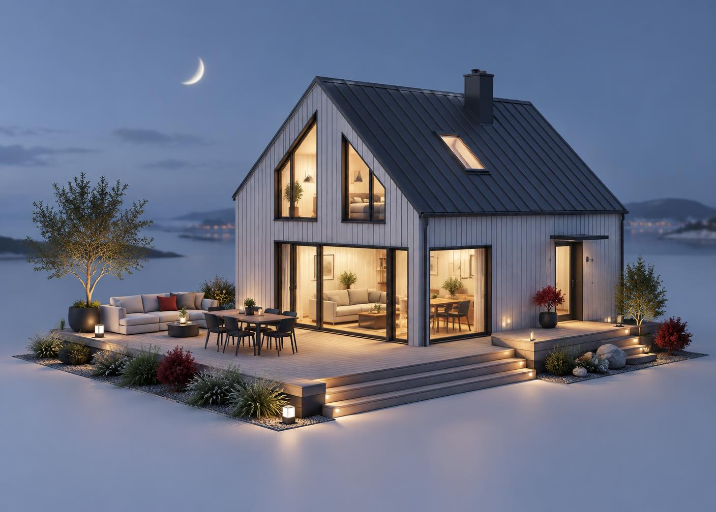 Illustrasjon av moderne bolig i blåtime med varme vinduer