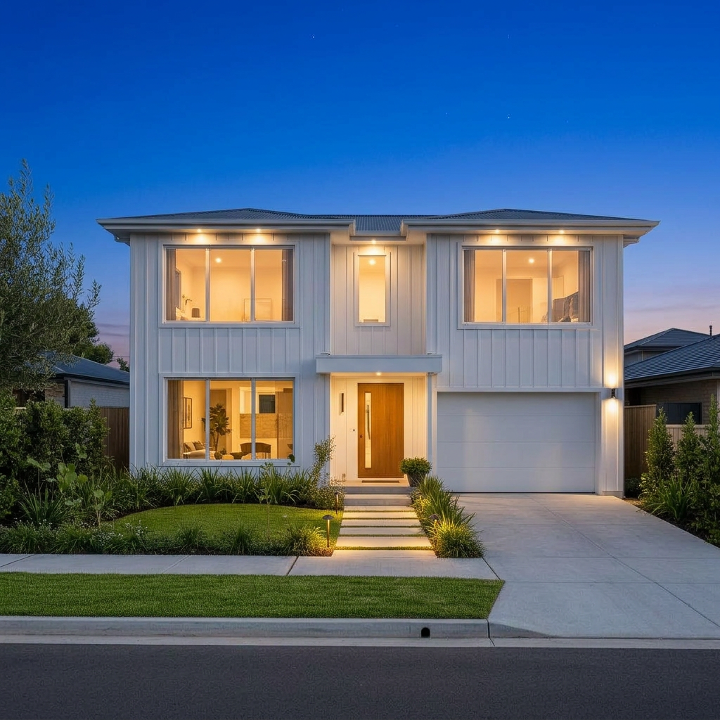 Same property as AI-generated evening image with warm interior lighting and twilight sky