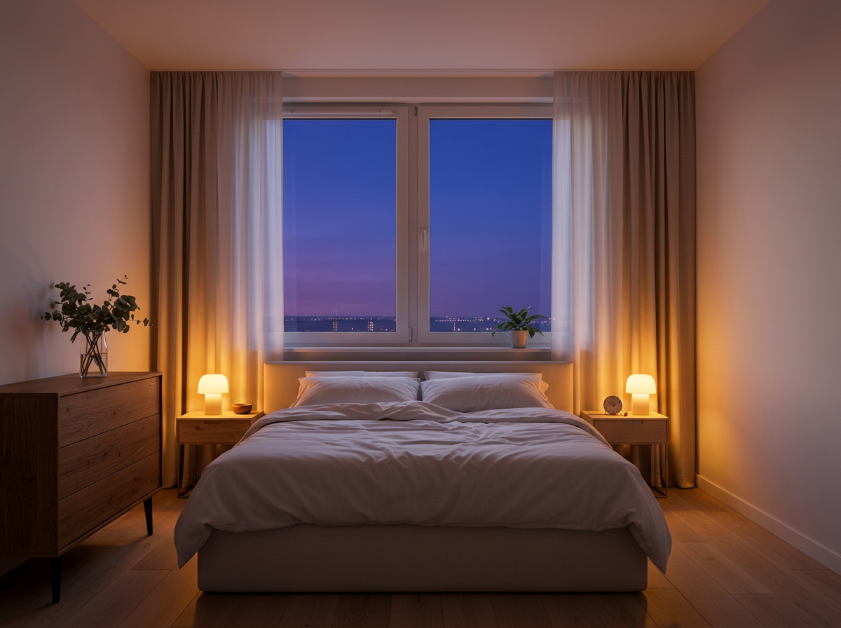 Bedroom transformed into an AI-generated evening image with warm lighting and twilight sky