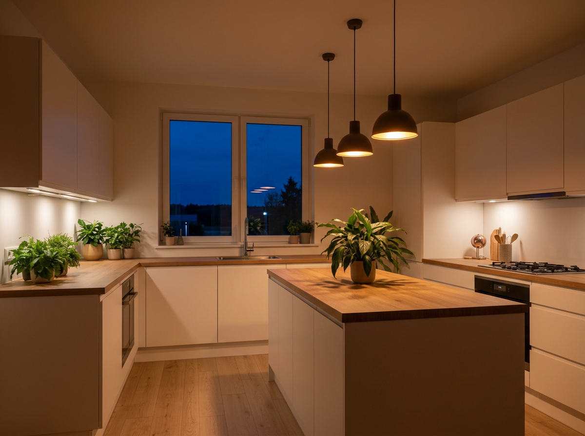 Kitchen transformed into an AI-generated evening image with warm lighting and twilight sky