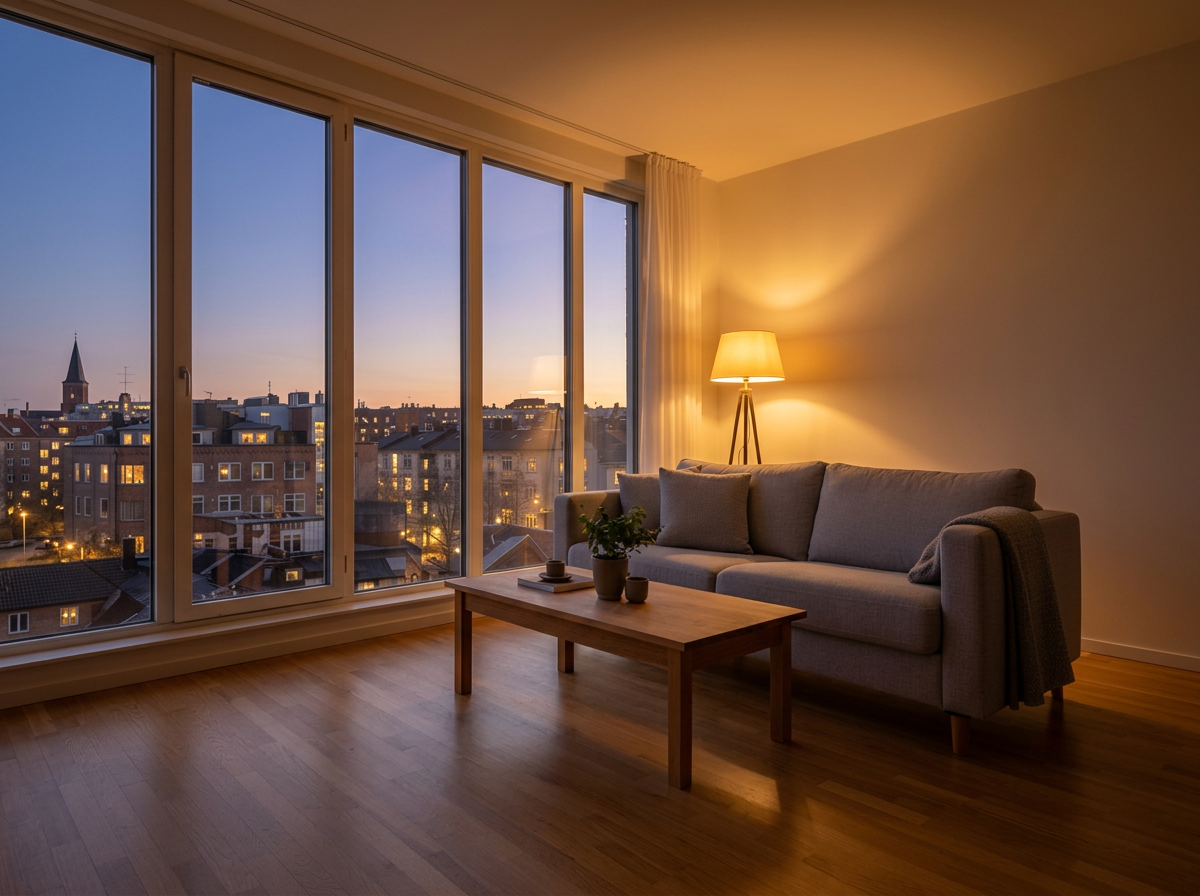 Living room transformed into an AI-generated evening image with warm lighting and twilight sky