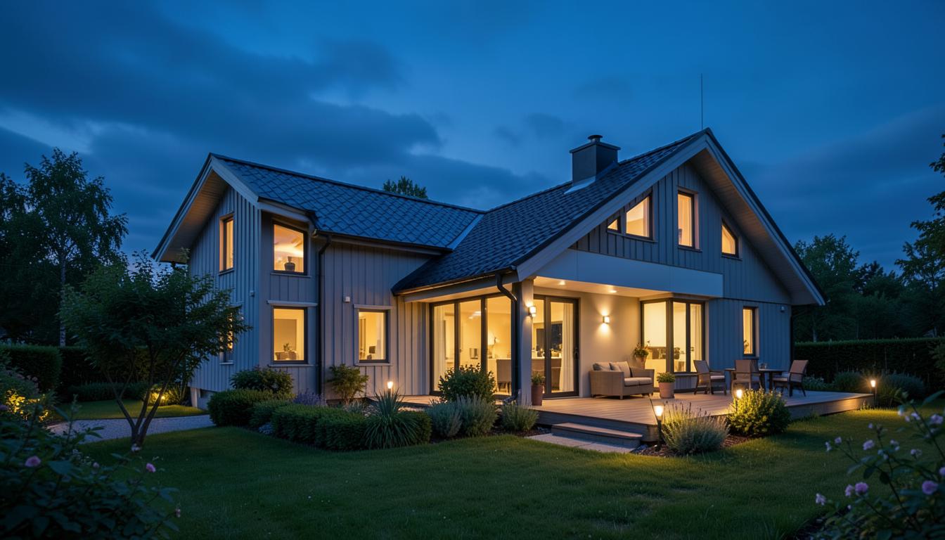Norwegian detached house photographed at dusk with warm light in the windows