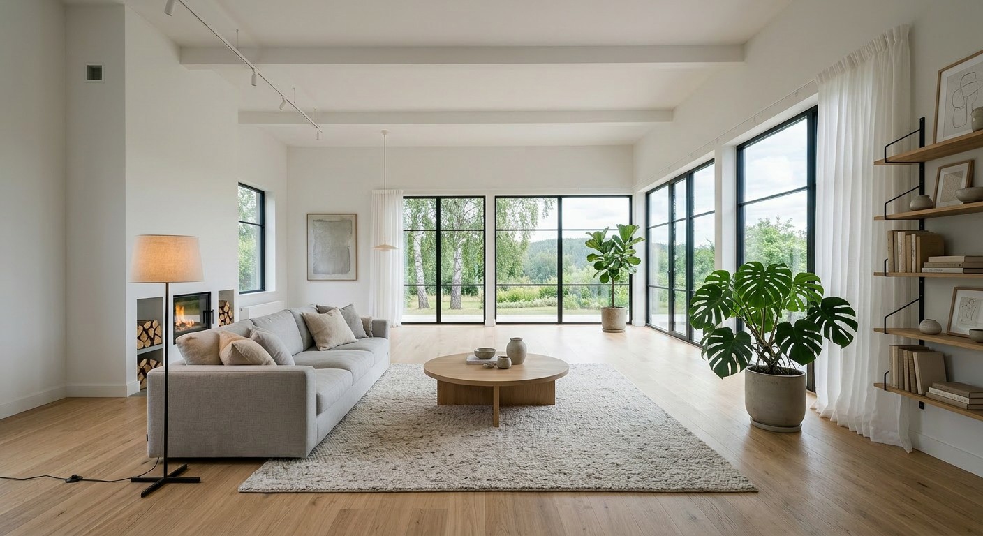 Same room after AI digital staging with furniture, textiles and decor added