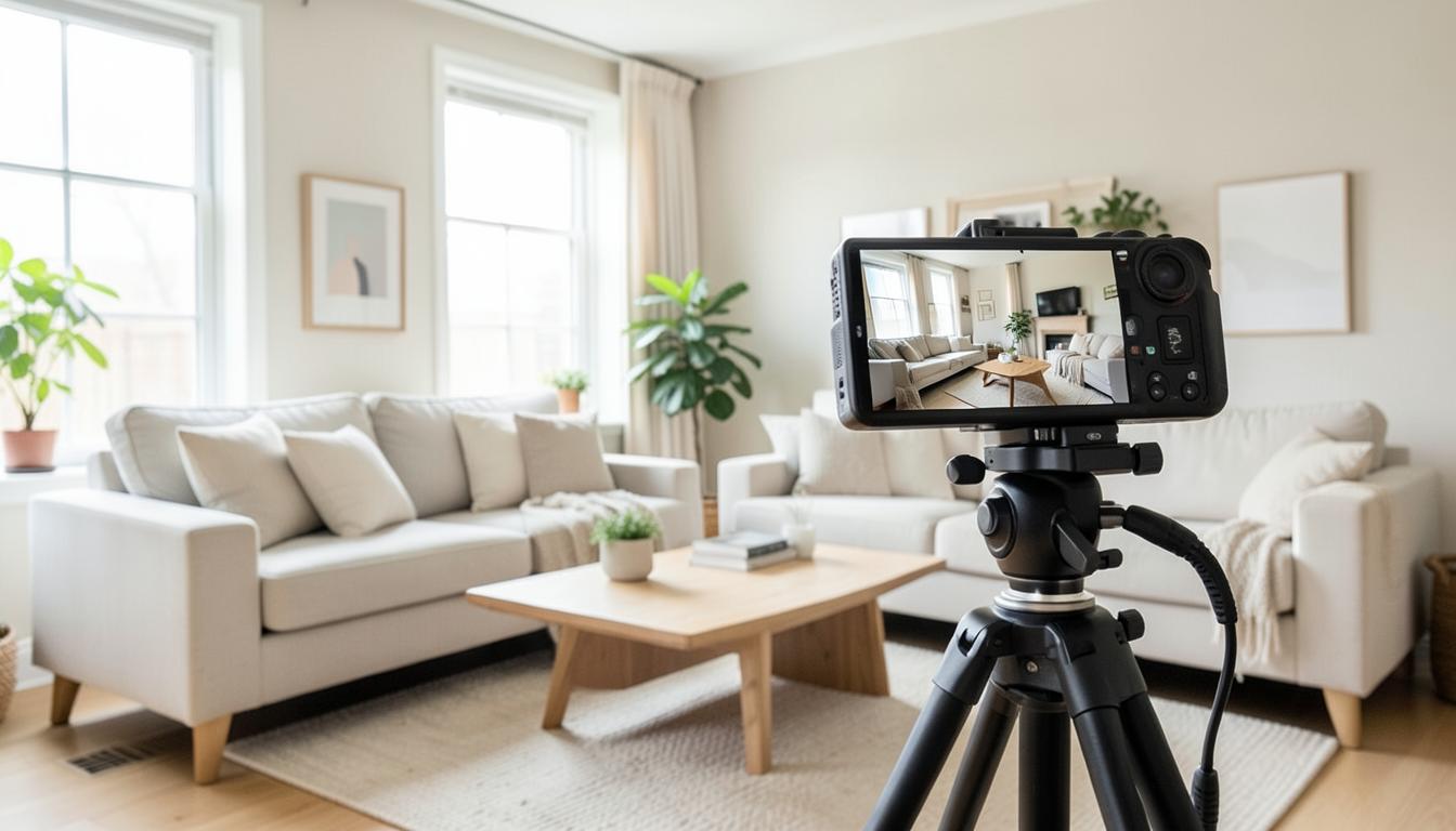 Real estate photographer shooting a staged living room