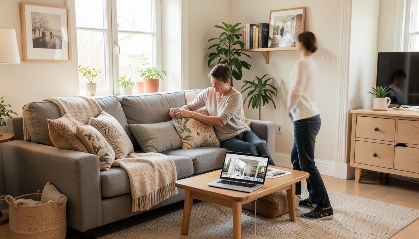 Private seller preparing the living room for photos