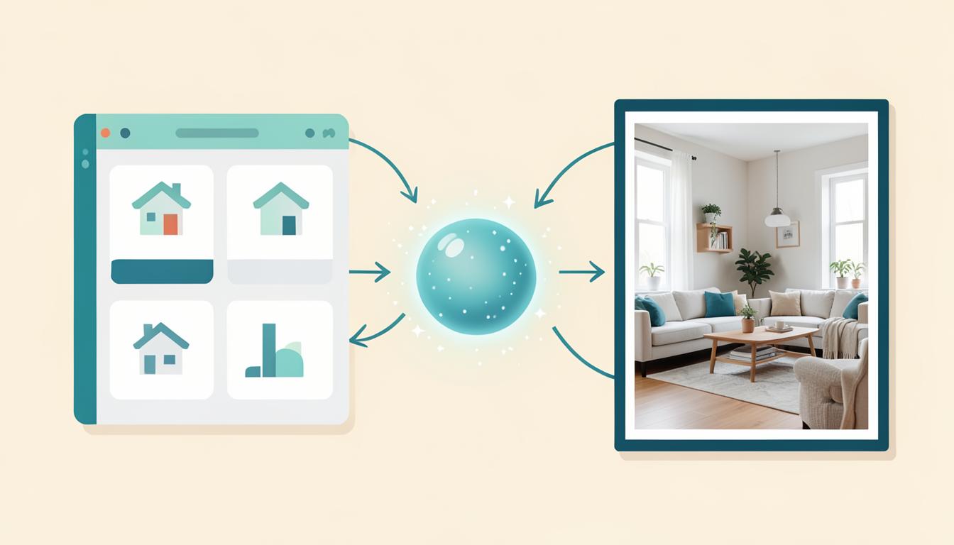 Illustration of data flowing from real estate software through AI processing to a finished styled home photo