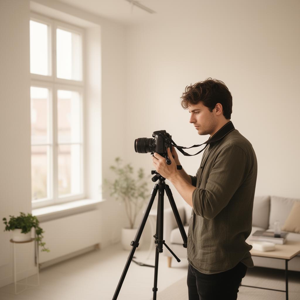 Professional real estate photographer with camera on tripod in a bright Scandinavian room