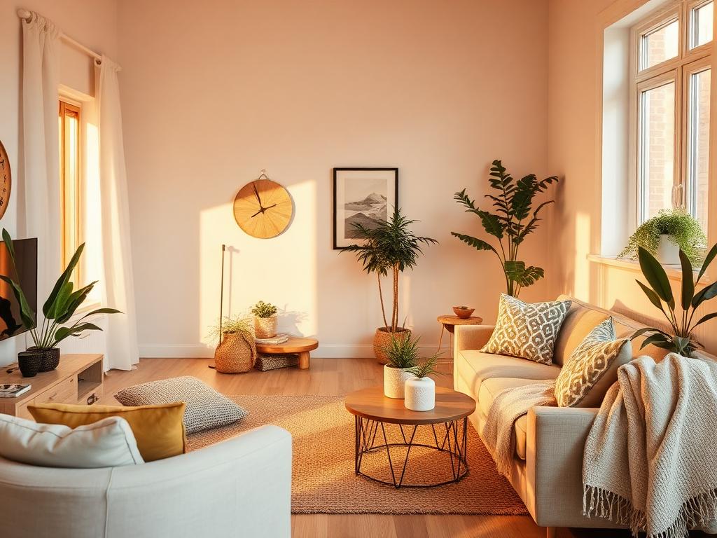 Cozy styled Airbnb living room in warm evening light