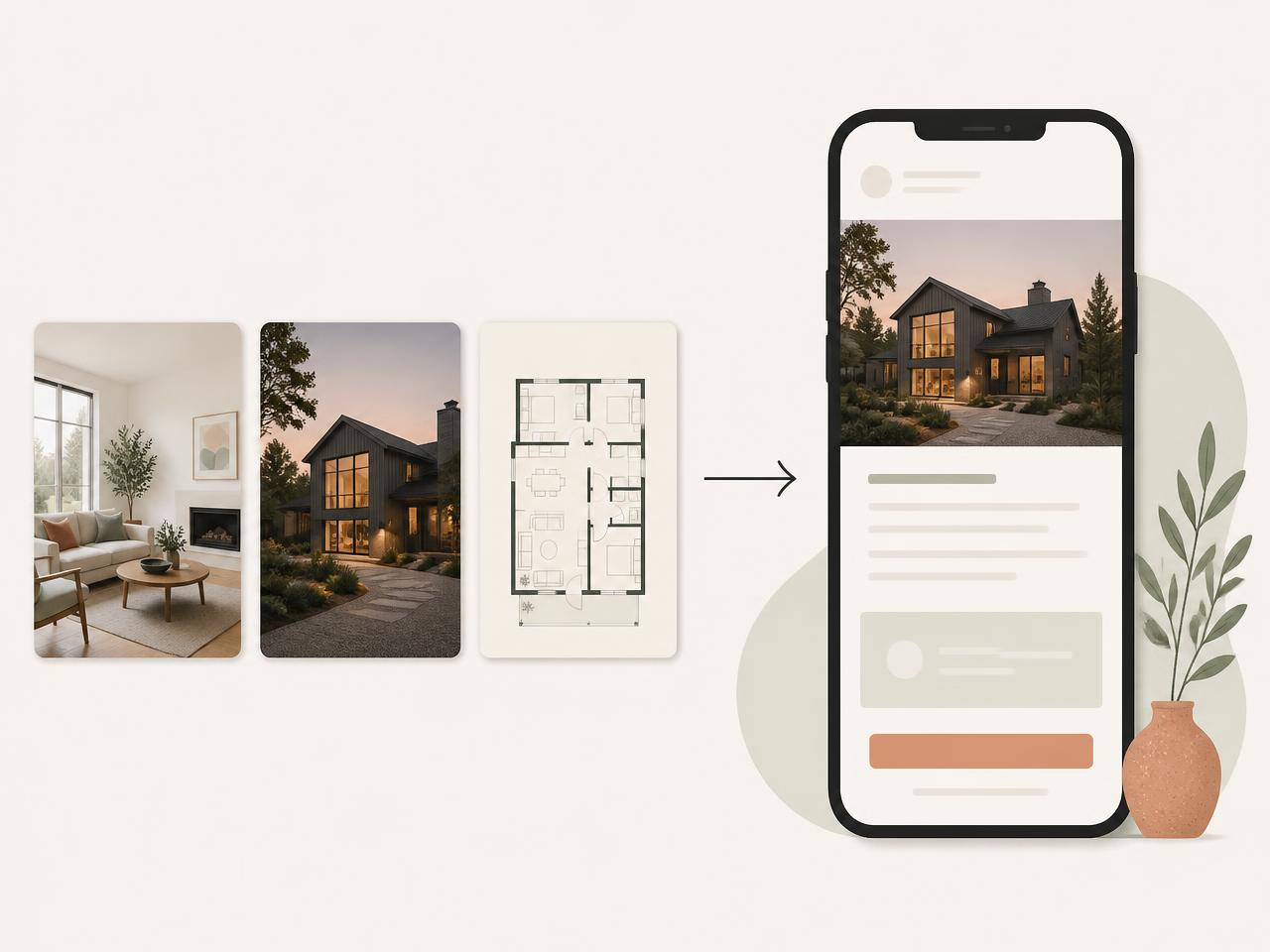 Illustration showing a staged living room, evening photo and floor plan being imported into a viewing email on mobile