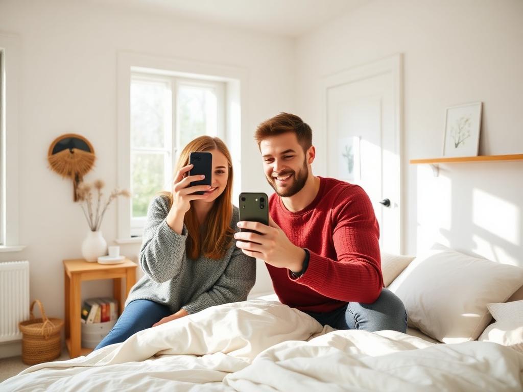 Couple taking photos of their bedroom with a smartphone to sell their home
